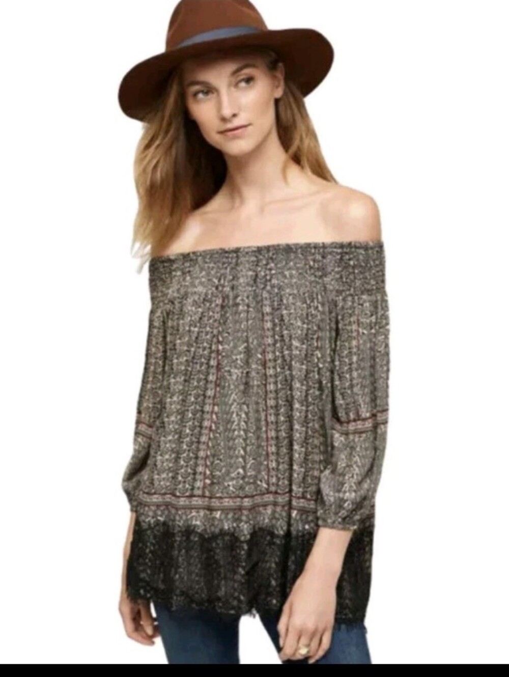 Anthropologie Vanessa Virginia Augusta Off Shoulder Top Mandala Lace Eyelash S